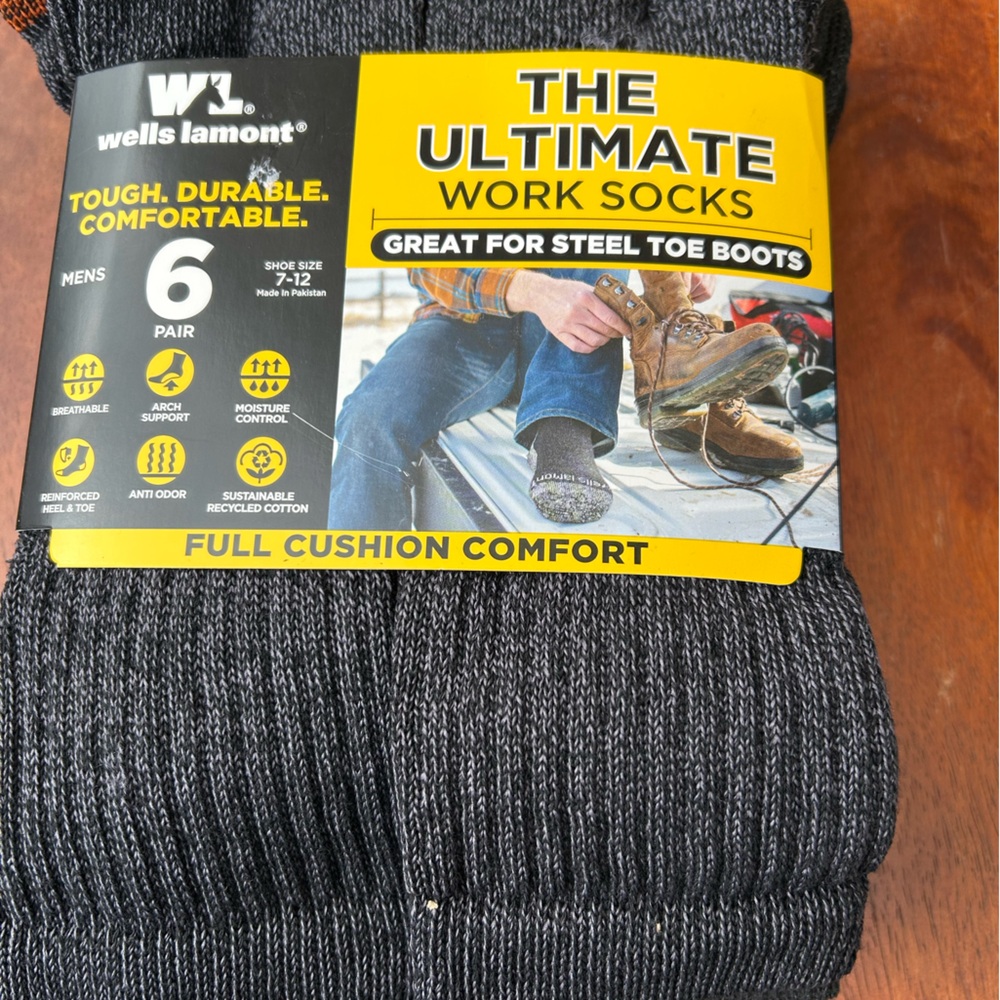 Wells Lamont Mens Ultimate Work Socks 6 Pair Crew Full Cushion Steel Toe 7-12